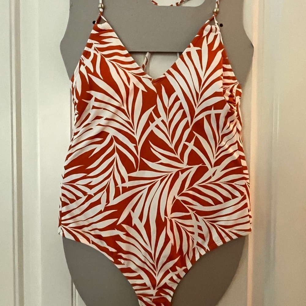Shade & Shore Rust White Tropical Print One-Piece Swimsuit Large Resort Cruise